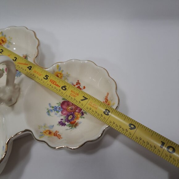 Porcelain 3 Compartment Floral Nut Dish Gold Trim Scalloped Edge Japan Vintage - Picture 4 of 14